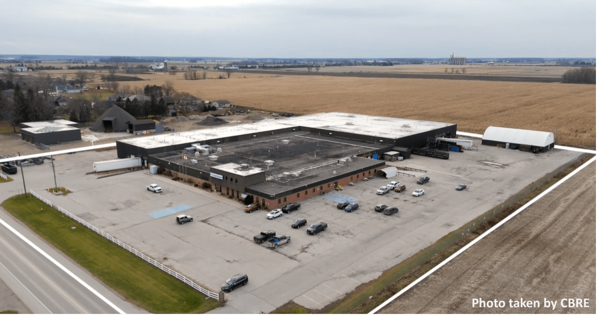 Aerial photo of the industrial site for sale in Glencoe with the property boundary outlined. 